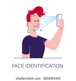 Portrait of young lady holding smartphone in her hand in front of her face to scan face id isolated on white background. Vector flat illustration.