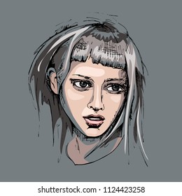 Portrait of young lady on a gray background. Vector illustration. Poster, t-shirt composition, hand drawn style print.