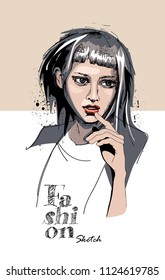 Portrait of young lady on a light beige background. Vector illustration. Fashion sketch, Poster, t-shirt composition, hand drawn style print.