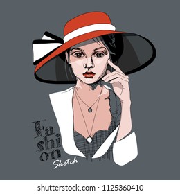 Portrait of young lady in a red hat with a bow on a gray background. Vector illustration. Fashion sketch, Poster, t-shirt composition, hand drawn style print.