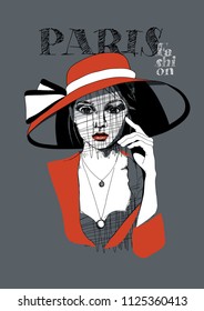 Portrait of young lady in a red hat with a bow on a gray background. Vector illustration. Fashion sketch, Poster, t-shirt composition, hand drawn style print.