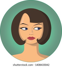 Portrait of an young lady, woman with beautiful blue eyes, on the light gradient circle background