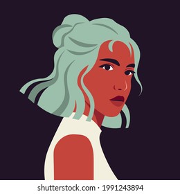 Portrait of a young Latin American woman in half-turn with green hair. Avatar for social networks. Vector illustration in flat style.