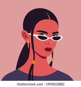 Portrait of a young Latin American woman in half-turn with black hair eyeglasses. The avatar of student for social networks. Vector illustration in flat style.