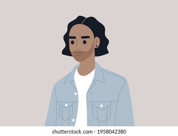 A portrait of a young Latino male character with long wavy hair wearing a denim jacket, casual millennial lifestyle