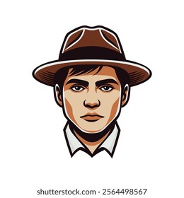 Portrait of a Young Mafia Man with Hat Vector Illustration