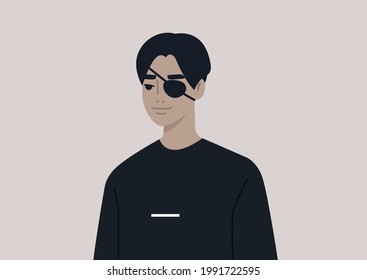 A Portrait Of A Young Male Asian Character Wearing A Medical Black Eye Patch