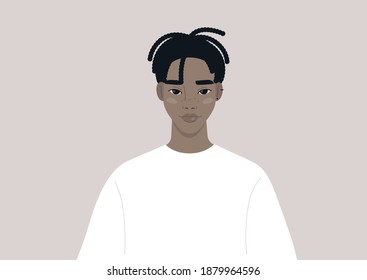 A portrait of a young male Black character wearing a simple long sleeve, millennial and generation z lifestyle