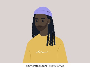 A portrait of a young male Black character wearing a rolled beanie hat and a casual sweatshirt, modern lifestyle