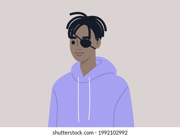 A portrait of a young male Black character wearing a medical black eye patch
