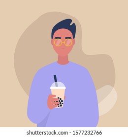 A portrait of a young male character holding a take away cup of bubble milk tea, lifestyle and food