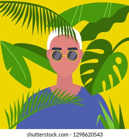 A portrait of young male character standing in the tropical leaves. Jungle. Vacation. Travel. Flat editable vector illustration, clip art