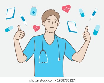 Portrait of young male doctor show thumbs up with medical supply in healthcare and medical concept. Hand draw style. Vector illustration.