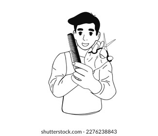 Portrait of a young male hairdresser stylist with crossed arms, with scissors and a comb. Doodle vector illustration