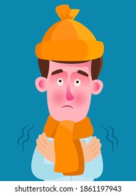 Portrait of a young male in a hat and scarf freezing in winter on cold. The man is trembling from the cold. Vector illustration, flat design, cartoon style, isolated background.