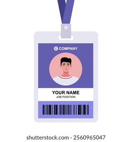 Portrait of a young man. Badge template, accessory for conferences, training, lectures.. Vector set in a flat style