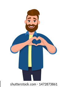 Retrato de un joven con barba haciendo o gestando el símbolo del corazón con los dedos. Ilustración masculina de diseño de caracteres. Estilo de vida moderno, cuidado de la salud, concepto de amor en estilo vectorial de caricatura plana.