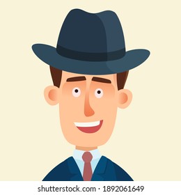 Portrait of a young man in a black hat. Stylish gentleman in business suit. Vector illustration, flat design, cartoon style, isolated background.