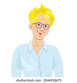 Portrait of a young man with blond hair in glasses. In  cartoon style. Isolated on white background. Vector illustration