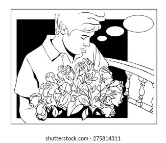 portrait of a young man with a bouquet of roses in a manga style
