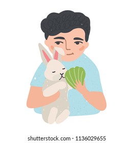 Portrait of young man or boy holding his bunny or rabbit and feeding it. Adorable male cartoon character with domestic animal. Cute pet owner. Colorful vector illustration in flat cartoon style