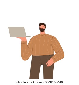 Portrait of young man in casual outfit holding laptop computer standing isolated on white background. Smiling programmer or businessman working. Cartoon flat vector illustration.