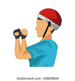 portrait of young man climbing with helmet and gloves