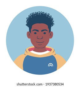 Portrait of a young man in a colorful hoodie. Cartoon teenager avatar. Flat style illustration. 
