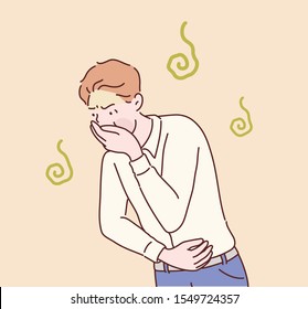 Portrait of young man drunk or sick vomiting. Hand drawn style vector design illustrations.