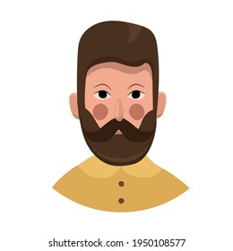 Retrato de un joven con la cara llena. Luminoso, grueso cabello y barba. Ilustración plana vectorial aislada en un fondo blanco.
