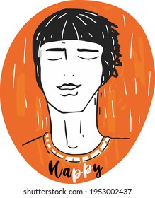 Portrait of a young man, guy, with closed eyes. Black, white and orange colors. Vector illustration