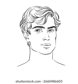 Portrait of a young man, hand drawn sketch outline vector illustration.