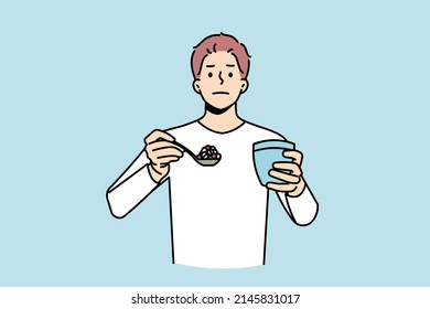 Portrait of young man have spoonful of pills with glass of water. Male patient hold spoon with medications suffer from drug or painkiller addiction. Healthcare and medicine. Vector illustration. 