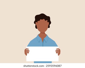 portrait of young man holding empty white paper sheet or  showing blank sign poster over isolated background. vector and illustration.