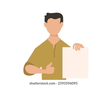 portrait of young man holding empty white paper sheet or  showing blank sign poster over isolated background. vector and illustration.