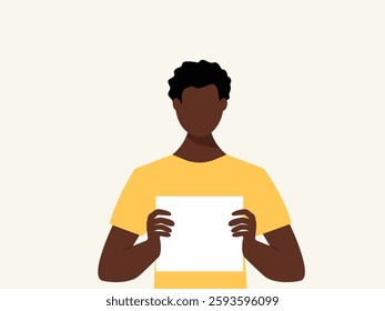 portrait of young man holding empty white paper sheet or  showing blank sign poster over isolated background. vector and illustration.