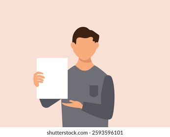 portrait of young man holding empty white paper sheet or  showing blank sign poster over isolated background. vector and illustration.