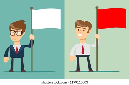 A portrait of a young man holding a red and white flag isolated on background. Vector illustration flat design
