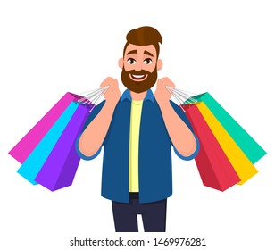 Portrait of young man holding shopping bags. Person carrying colorful bags. Male character design illustration . Modern lifestyle, digital technology concept illustration in vector cartoon style.