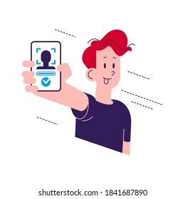 Portrait of young man holding smartphone in his hand after successful scaninng face id isolated on white background. Vector flat illustration.
