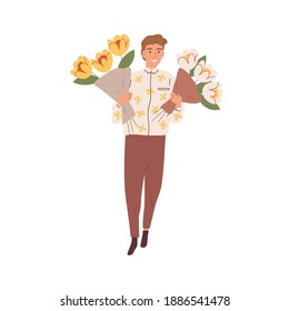 Portrait Of Young Man Holding Two Bouquets Of Blooming Cut Flowers Vector Flat Illustration. Happy Florist Or Delivery Man Carrying Bunches Of Fresh Plants Isolated On White Background