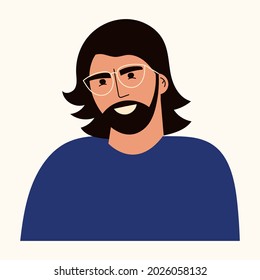 Portrait of young man with long hair and beard. Avatar of male character with eyeglasses in casual clothing. Creative person, hipster guy. Flat vector cartoon illustration isolated on white background