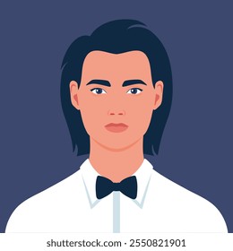 Portrait of a young man with long hair in a shirt with bow tie. Avatar for social media. Vector illustration