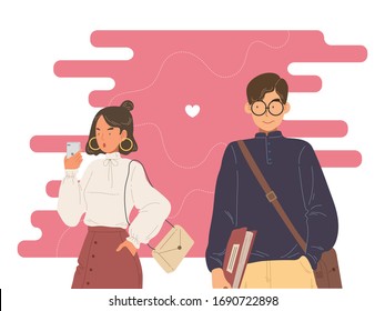 Portrait Of Young Man Look At His Crush And Smiling. Co-worker Love Story. Boyfriend And Girlfriend. Flat Vector Illustration For Valentine's Day.