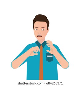 Portrait of young man looking shocked scared isolated on white background, negative emotion facial expression feeling, cartoon vector illustration.