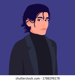 Portrait of a young man with medium length hair and in a suit. Colorful vector illustration in flat cartoon style.