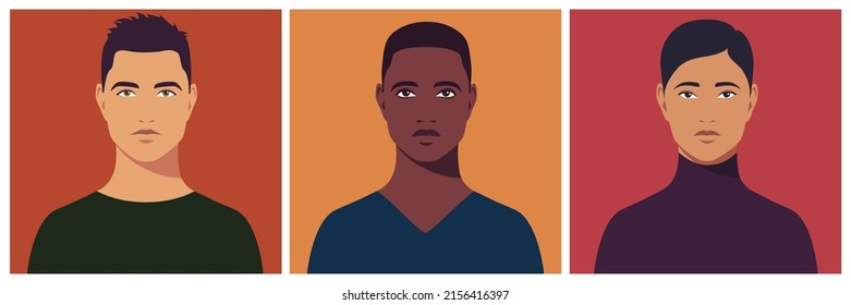 Portrait of young man. Portrait of multicultural students. Abstract male portrait, full face. Stock vector isolated illustration in flat style.