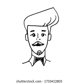 Portrait of a young man with a mustache and a small beard. A black-and-white hand-drawn sketch. Vector illustration