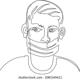 Portrait of a young man in a protective medical mask. Continuous line drawing. Vector illustration.