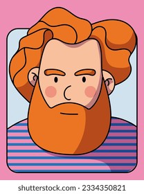 Portrait of a young man with a red beard and hair. Vector illustration in cartoon flat style